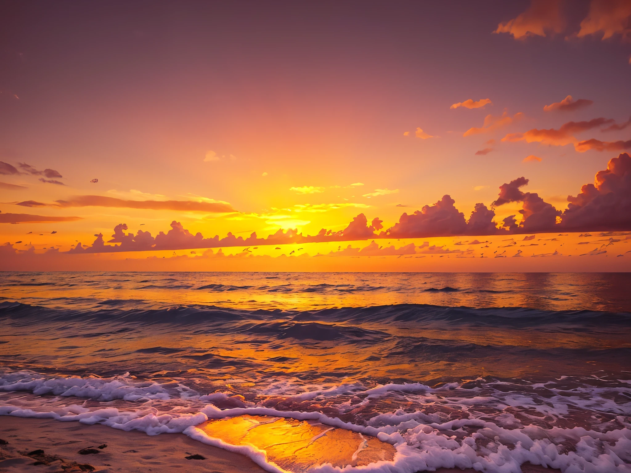 (Sunrise), An absolutely mesmerizing sunset over the beach, with a blend of oranges, pinks, and yellows filling the sky. Crystal-clear waters of the sea gently kissing the shore, with sandy white beach stretching far and wide. The scene is dynamic and breathtaking. Take in the calming atmosphere and let the peacefulness wash over you.