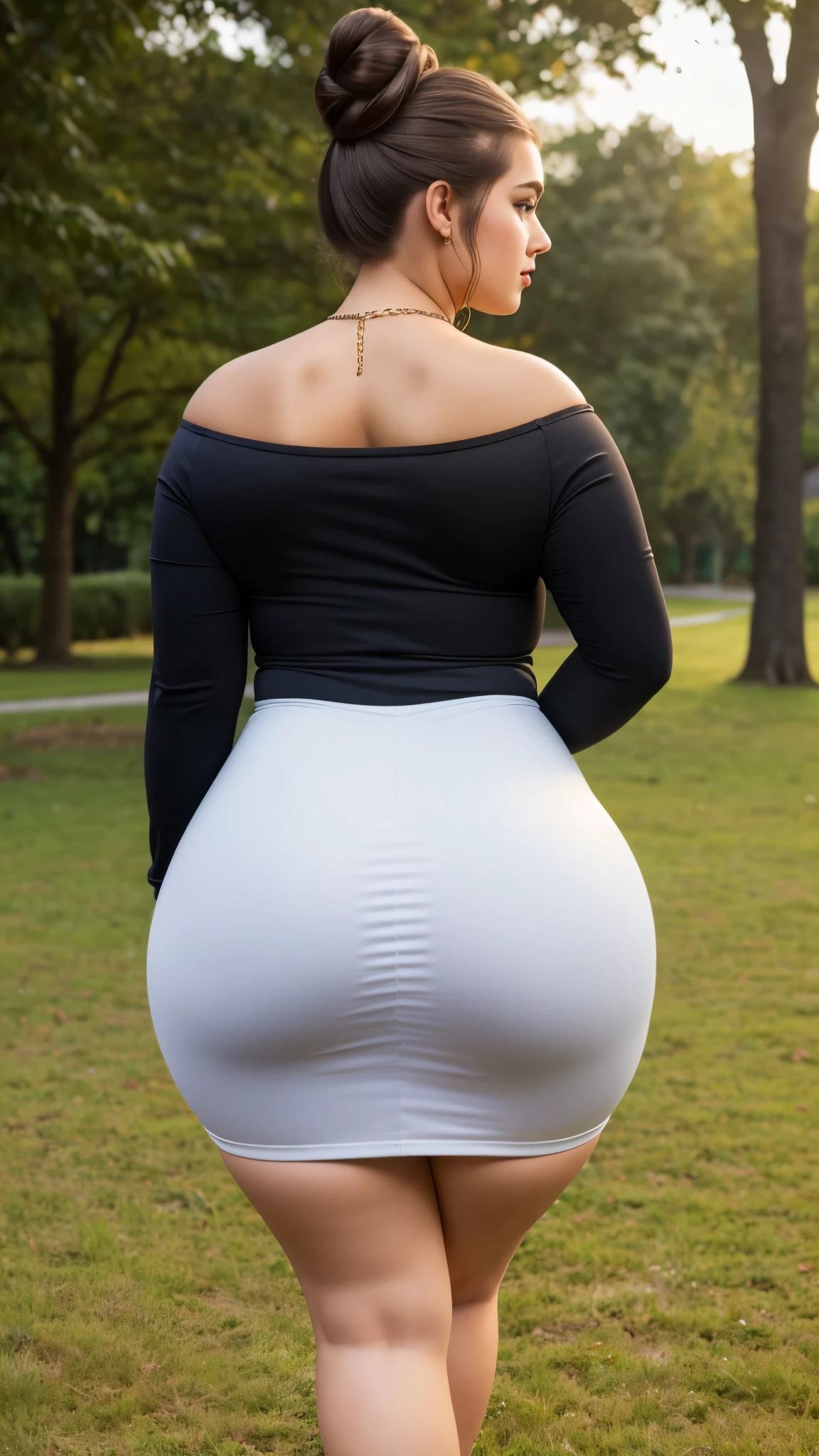 20yo  in school school photo in school masterpiece, (photorealistic:1.4), best quality, beautiful lighting,Eleanor Ukraine Woman 20yo Old Big Breasts Plus Size Model lipstick Bun lHair Bun Hair Hair Lifts Skirt Up Raised Skirt, wearing Slant Shoulder Chain Strap Dress, Casual Long Sleeve Bodycon Dress,(big booty) (face here) Plus size bbw big ,grass, (wide booty)insanely inflated hips,Thick body ,fat body , curve shap body, widest hips , thick hips ,widest breast,  thick breast