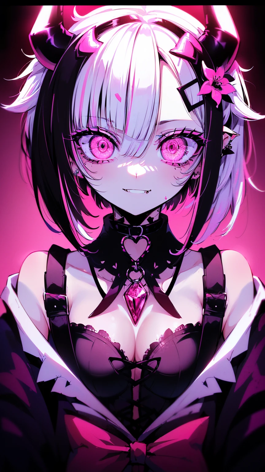 BLACKLIGHT, ((NSFW)), ((Small Boobs)), realistic art, extremely delicate and beautiful, ultra-detailed, (1girl), ((Hot Pink eyes)), floating, detailed light, illustration, dynamic angle, depth of field, ((((milf)))), girly, ((Hot Pink  and White hair, multicoloured hair, Hot Pink  highlights hair, (Ponytail), hair ornament, hair flower, flower, makeup, braid, smile)), demon eyes, fangs, pale white skin, (((best quality, 1girl, (skindentation), (blur background:0.6), (casual yet stylish, ((Demon Horns)), ), gorgeous, (short hair:1.5), soft lighting, wind, (front light:1.5), surprised, choker, smile, jewelry, earrings))), (ultra high res, best quality,), (8k, raw photo, best quality, masterpiece), technological sense, best quality, masterpiece, illustration,CG ,unity ,wallpaper, official art, Amazing, finely detail, an extremely delicate and beautiful,extremely detailed, highly detailed, sharp focus,rich background, (real person,photograph), ((high detailed skin)), ((( , (crazy eyes:1.3), (wide-eyed:1.2), (glowing eyes), (Demon) ))), (((a close up of a person with a weird face and nails, gothic maiden anime girl, gothic - cyberpunk, cyberpunk horror style, gothic art style, detailed digital anime art, gothic art, demon anime girl, gothic girl face, anime style 4 k, dark art style, anime cyberpunk art, gothic aesthetic, 1 7 - year - old anime goth girl, gothic horror vibes)))