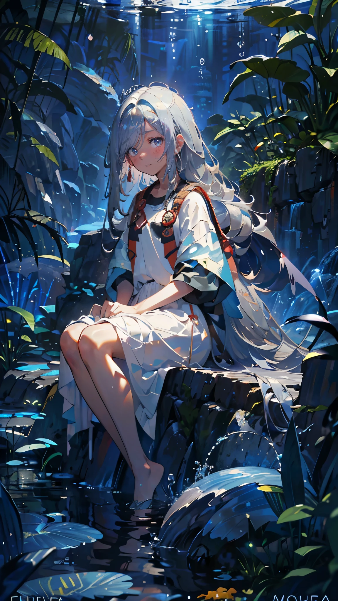 (Mosca pieza), (mejor calidad), Muy detallado, 1 chica, Foto personal de cuerpo completo., cara perfecta, hermosa chica, Very detailed，(pelo largo y gris:1.5)，(blue eyes:1.4)，(pelo que fluye:1.4)，(En el agua:1.4)，hundir，luz，Medusa，algas marinas，Redfish，mar profundo，Fancy