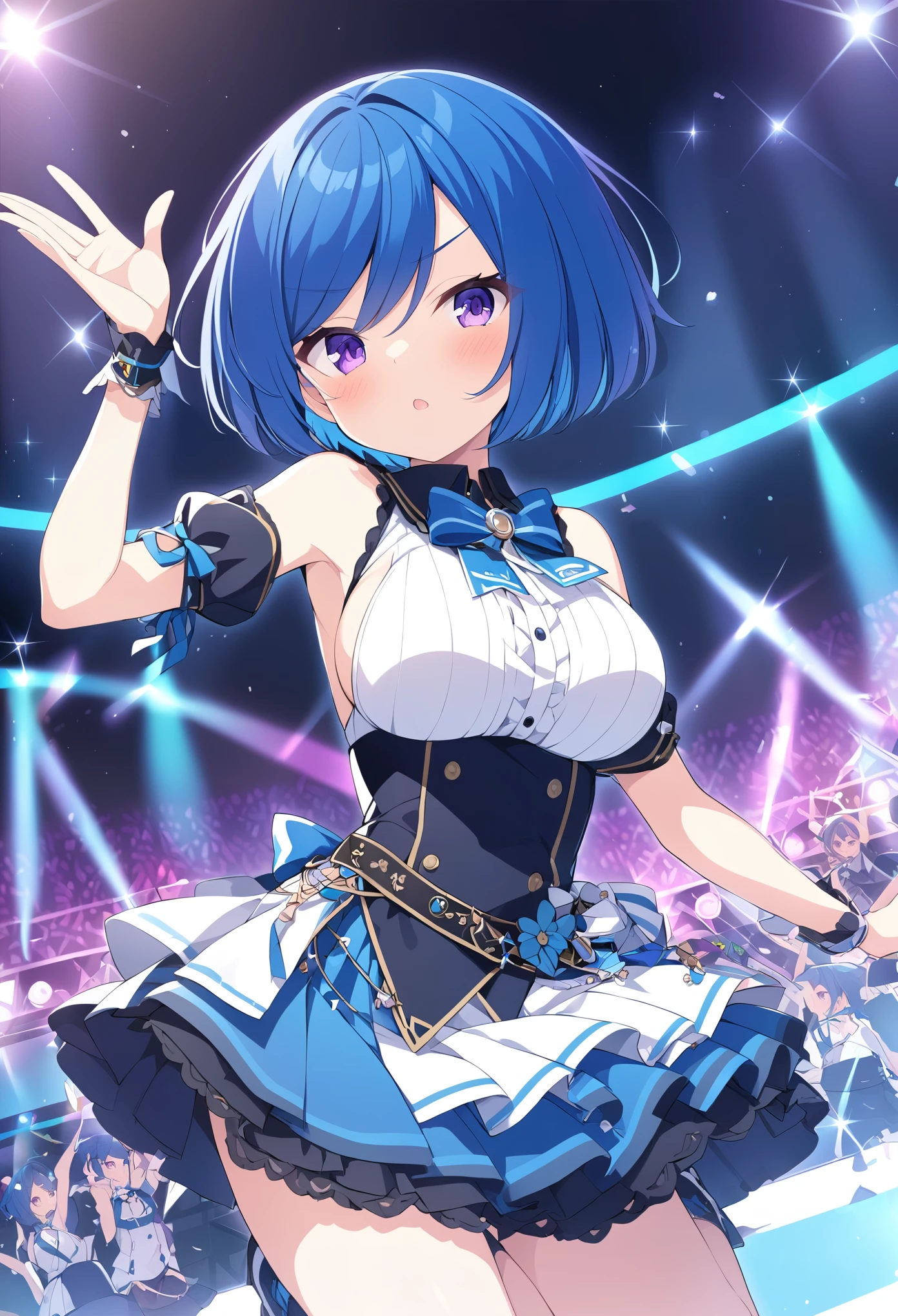 maki , short hair, blue hair, purple eyes, ., large breasts,, Live Stage, solo .
