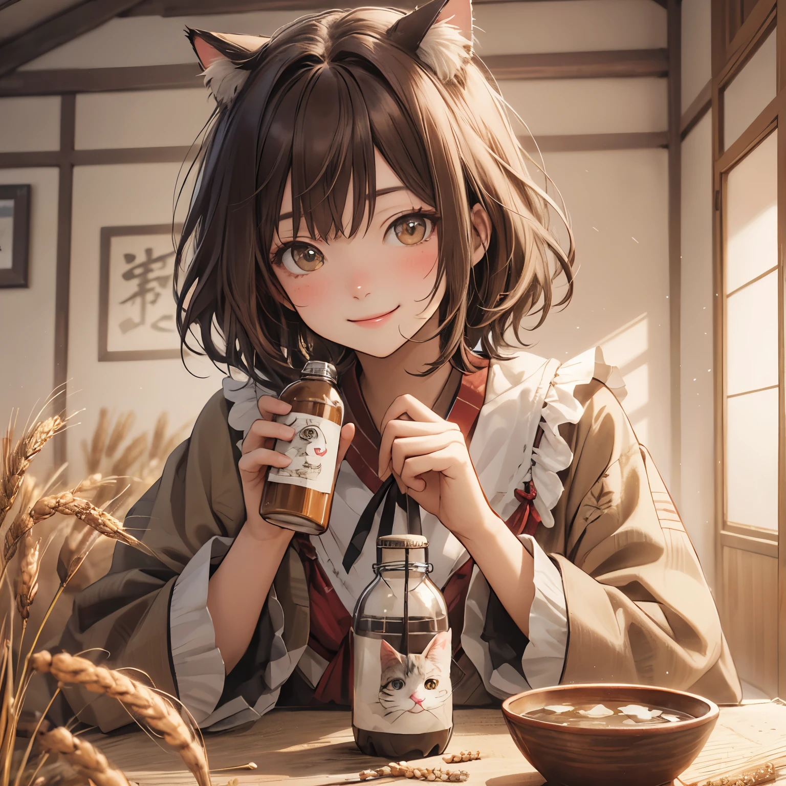 Cat wearing wheat brown ribbon、Barley brown hair、Barley brown eyes、Wheat brown clothes、Barley tea bottle、summer、hot、A refreshing smile、Tatami House、Grandma's house
