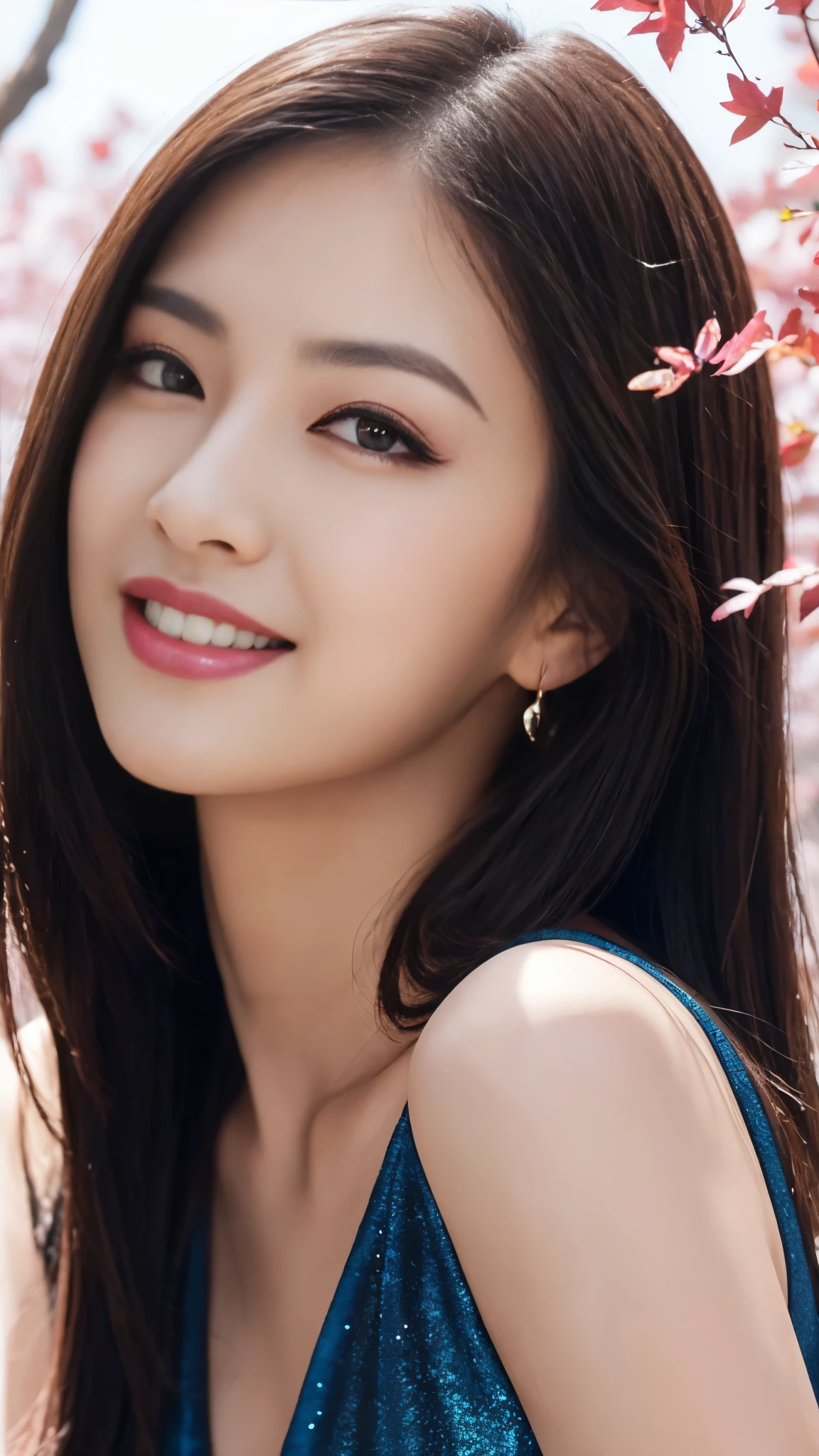masterpiece, 最high quality, night, Mountain, full moon, Long black hair, woman, fire Fly, performer, Mysterious cherry tree, Pink leaves, high quality, Beautiful graphics, High detail,The best smile:1.5,Flashy makeup with red eyeshadow:1.5