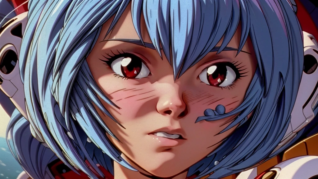 a beautiful girl with blue hair and red eyes, ayanami rei, evangelion, detailed portrait, intricate details, hyperrealistic, stunning, ethereal, dramatic lighting, muted color palette, soft focus, cinematic composition, masterpiece