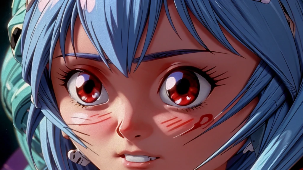 a beautiful girl with blue hair and red eyes, ayanami rei, evangelion, detailed portrait, intricate details, hyperrealistic, stunning, ethereal, dramatic lighting, muted color palette, soft focus, cinematic composition, masterpiece