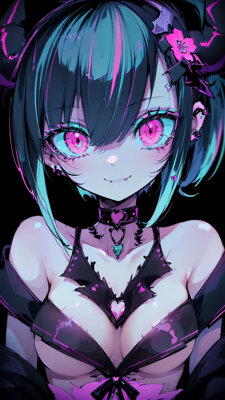 BLACKLIGHT, ((NSFW)), ((Small Boobs)), realistic art, extremely delicate and beautiful, ultra-detailed, (1girl), ((Teal eyes)), floating, detailed light, illustration, dynamic angle, depth of field, ((((milf)))), girly, ((Teal and White hair, multicoloured hair, Teal highlights hair, (Ponytail), hair ornament, hair flower, flower, makeup, braid, smile)), demon eyes, fangs, pale white skin, (((best quality, 1girl, (skindentation), (blur background:0.6), (casual yet stylish, ((Demon Horns)), ), gorgeous, (short hair:1.5), soft lighting, wind, (front light:1.5), surprised, choker, smile, jewelry, earrings))), (ultra high res, best quality,), (8k, raw photo, best quality, masterpiece), technological sense, best quality, masterpiece, illustration,CG ,unity ,wallpaper, official art, Amazing, finely detail, an extremely delicate and beautiful,extremely detailed, highly detailed, sharp focus,rich background, (real person,photograph), ((high detailed skin)), ((( , (crazy eyes:1.3), (wide-eyed:1.2), (glowing eyes), (Demon) ))), (((a close up of a person with a weird face and nails, gothic maiden anime girl, gothic - cyberpunk, cyberpunk horror style, gothic art style, detailed digital anime art, gothic art, demon anime girl, gothic girl face, anime style 4 k, dark art style, anime cyberpunk art, gothic aesthetic, 1 7 - year - old anime goth girl, gothic horror vibes)))