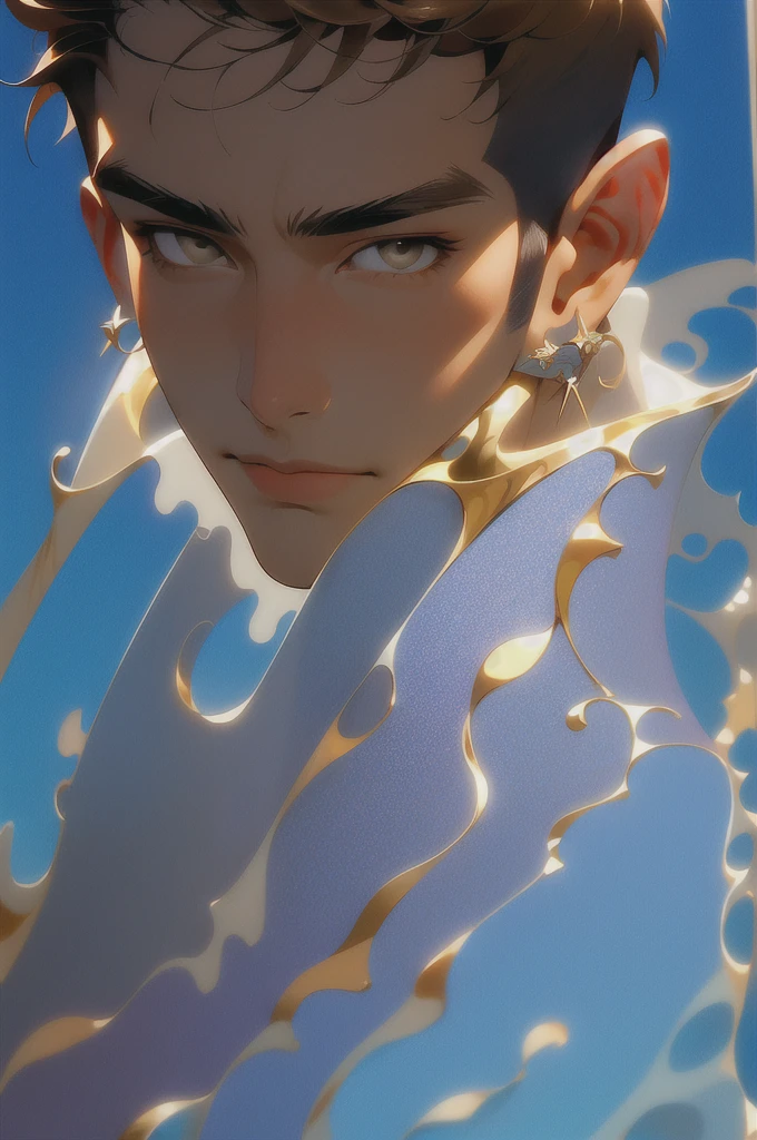 ((Masterpiece, Excellent)), 1 male solo, close-up, (Clear eyes), (Fashion), (Short brown hair), (Handsome boy), (Clear facial features, detailed skin texture, handsome face), masculine, white background, Earrings (Masterpiece, Top Quality, Best Quality), (((Flat Color))),