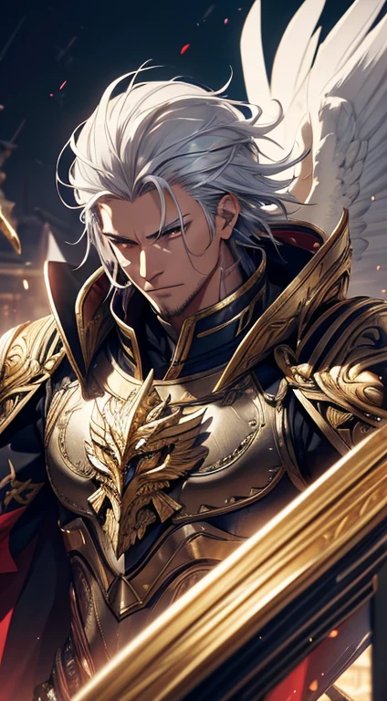 A man, silver hair, gold Eagle knight, fine armor, intricate design, red details, silk, cinematic lighting, 4k, floating hair, sharp, prism, shining knight