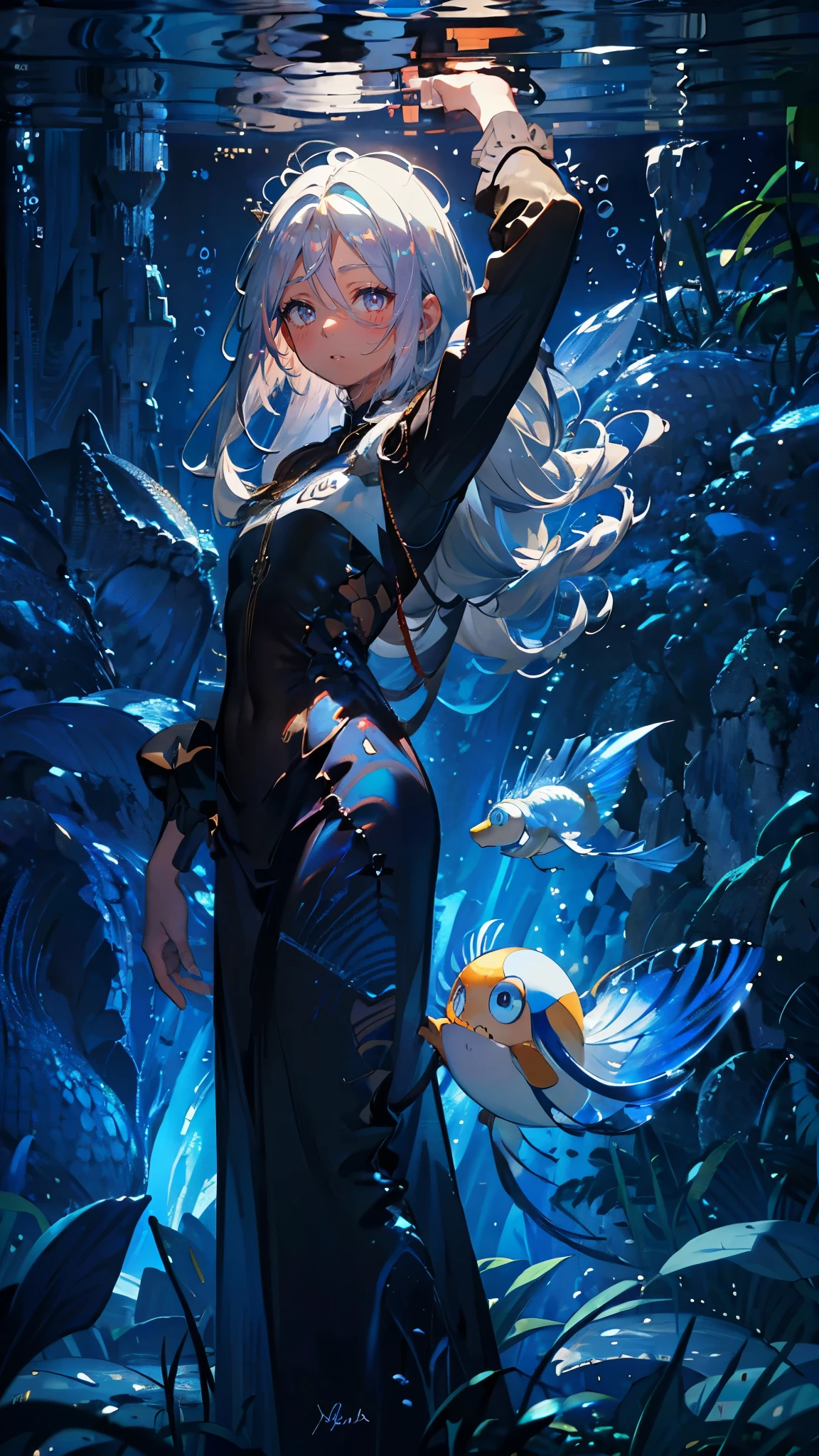 1 character, Woman, tanned skin, brown eyes, short hair, black and brown hair, messy hair, small, big tits, big thighs, a little fat, creature of winter, winter, cold (best quality, 4k, 8k, high resolution, masterpiece: 1.2), ultra detailed, (realistic, photo-realistic, photo-realistic: 1.37), highly detailed portrait, beautiful detailed eyes, beautiful detailed lips, extremely detailed eyes and face, long eyelashes, intricate details, fantasy, magical realism, vibrant colors, underwater scene, bright bioluminescent lights, glowing scales, adorable, cute, cuddly
