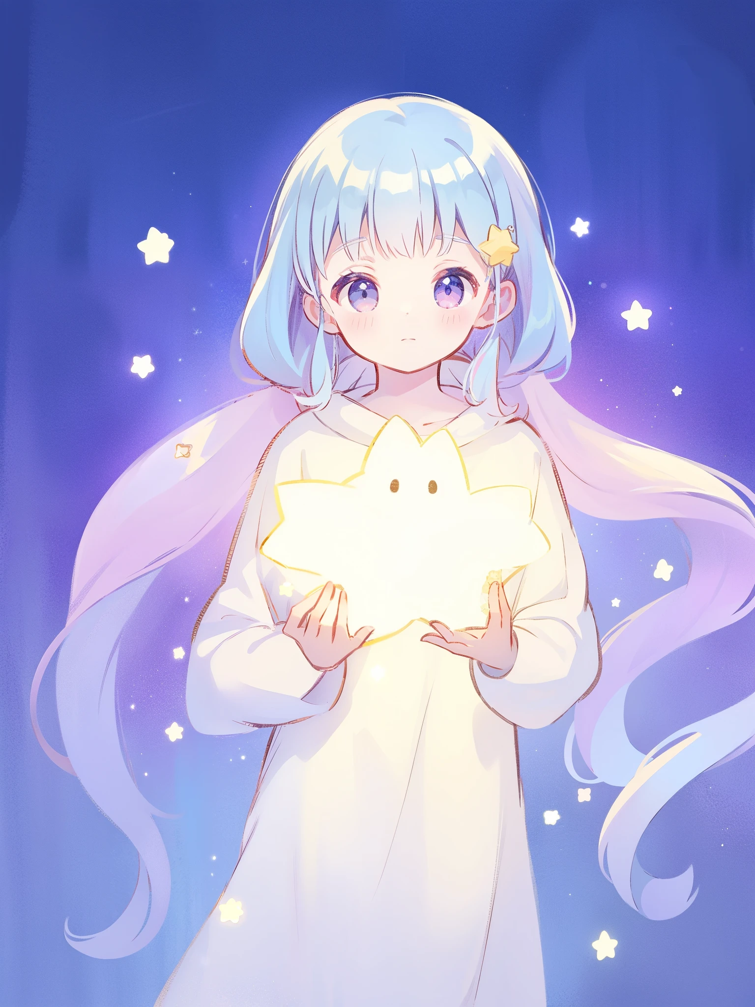 wishing star background, goddess of the stars, beautiful woman holding a glowing star in her hands, pale lilac blue hair, star hair ornaments, magical, complex drawing, highly detailed, ethereal, starry night, midjourney style