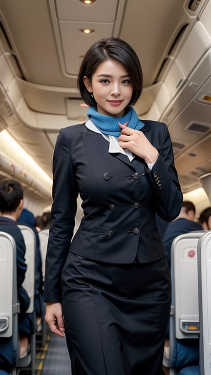 1beautiful womanl, 28years、hyperdetailed face、Detailed lips、A detailed eye、double eyelid、(Black bob hair、Smiling while walking gracefully down the aisle)、(Stewardess uniform:1.2)、((colorful scarf)) (Glamorous body)、(Colossal tits)、((short-cut hair))、(large full breasts)(big butts)(Plump body)(plump body shape)( large full breasts)(Colossal tits)((J-Cup))、highs thighs thighs thighs, Perfect fit, Perfect image realism, Background with: (Business Class aisle on airplanes:1.2), Cowboy Shot, Meticulous background, detailed costume, Perfect litthing、Hyper-Realism、(Photorealsitic:1.4)、8K maximum resolution, (masterpiece), ighly detailed, Professional