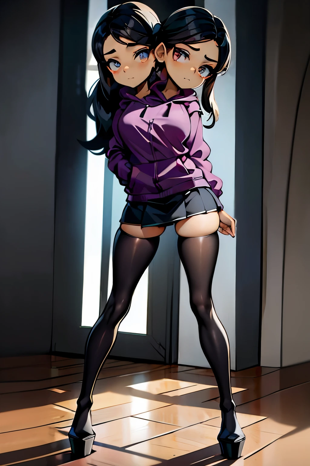 conjoined, 2heads, girl with two heads instead of one, 2head, cuerpo curvilineo, brazos curvilineos, usando shorts, ropa abrigada, piernas curvilineas, anime cartoon, using a purple hoodie, each head has a ponytail, anatomia proporcionada, torso ancho, pechos medianos, full body, perspectiva en picada, platform boots, black boots, black skirt, pantyhose, black high heels Bored