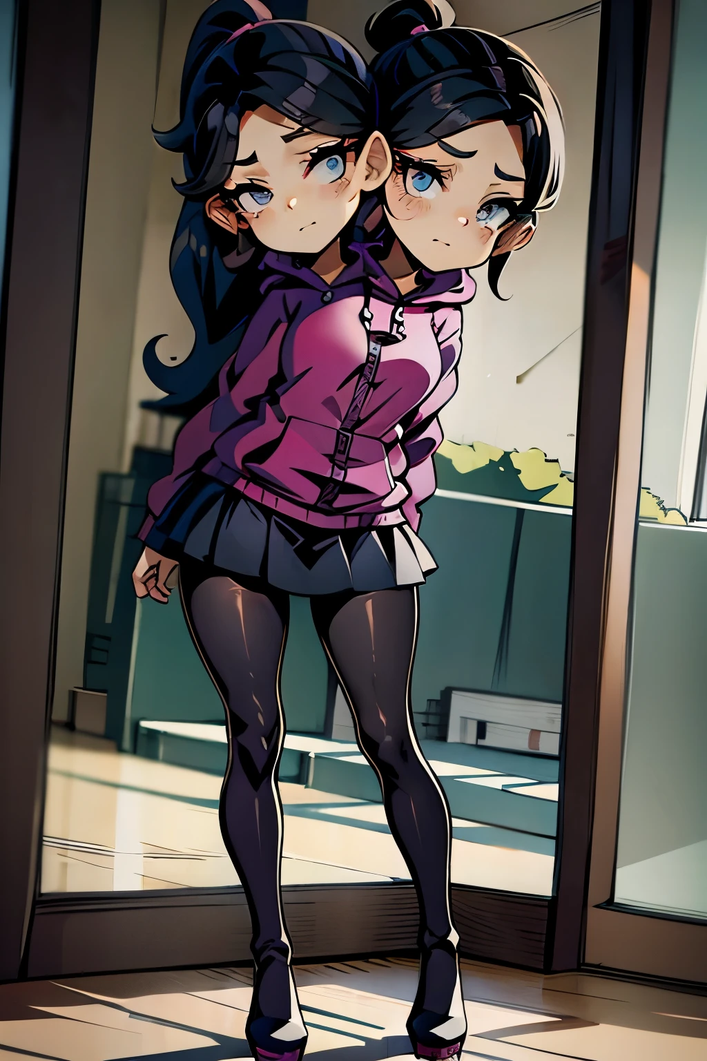 conjoined, 2heads, girl with two heads instead of one, 2head, cuerpo curvilineo, brazos curvilineos, usando shorts, ropa abrigada, piernas curvilineas, anime cartoon, using a purple hoodie, each head has a ponytail, anatomia proporcionada, torso ancho, pechos medianos, full body, perspectiva en picada, platform boots, black boots, black skirt, pantyhose, black high heels Bored
