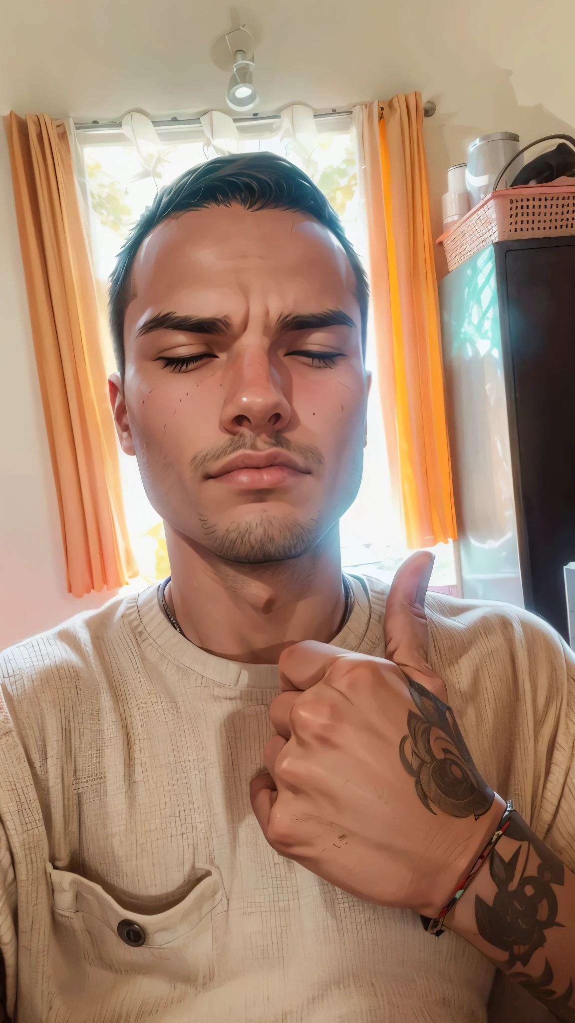 a young man student sitting on a bench with his arm resting on his face thinking with closed eyes, and his friends around him, 4K, unreal engine rendering
