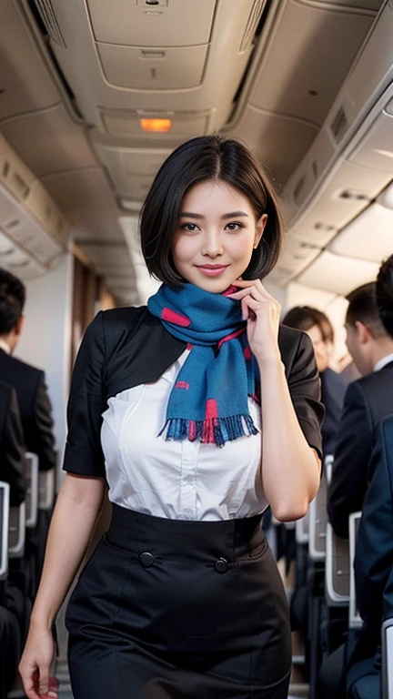 1beautiful womanl, 28years、hyperdetailed face、Detailed lips、A detailed eye、double eyelid、(Black bob hair、Smiling while walking gracefully down the aisle)、(Stewardess uniform:1.2)、((colorful scarf)) (Glamorous body)、(Colossal tits)、((short-cut hair))、（large full breasts）（big butts）（Plump body）（plump body shape）（ large full breasts）（Colossal tits）((J-Cup))、highs thighs thighs thighs, Perfect fit, Perfect image realism, Background with: (Business Class aisle on airplanes:1.2), Cowboy Shot, Meticulous background, detailed costume, Perfect litthing、Hyper-Realism、(Photorealsitic:1.4)、8K maximum resolution, (​masterpiece), ighly detailed, Professional