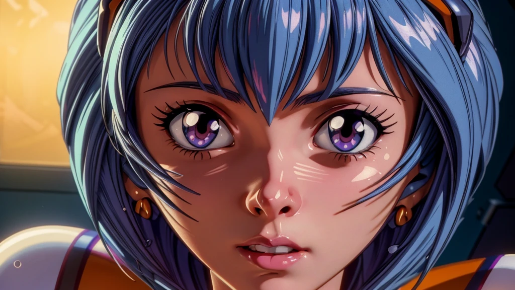 realistic portrait of a girl, 1girl, rei ayanami from neon genesis evangelion, beautiful detailed eyes, beautiful detailed lips, extremely detailed face and eyes, long eyelashes, elegant expression, photorealistic, 8k, high quality, masterpiece, dynamic lighting, vibrant colors, cinematic composition, cinematic lighting, dramatic lighting, intricate details, hyper realistic, studio lighting