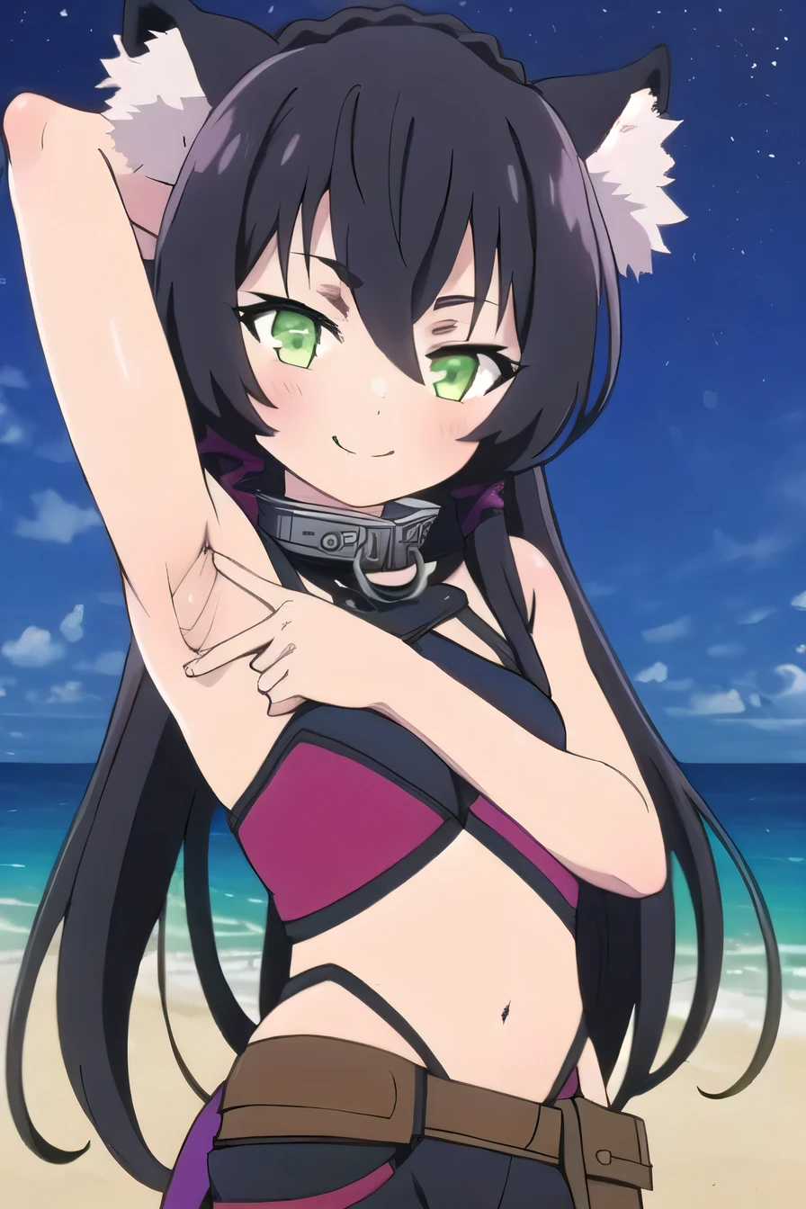 ,rem 1girl, solo, long hair, looking at viewer, bangs, shorts, black hair, navel, animal ears, hair between eyes, very long hair, sleeveless, closed mouth, green eyes, braid, sidelocks, masterpiece, best quality, ultra-high-detailed , black hair, green eyes, rem, small breast, looking to viewer, deep eyes, showing armpit, looking at viewer, solo, contrapposto, spread armpit, arm behind head, smile, looking at viewer, upper body, closed mouth, night sky, beach, best quality,