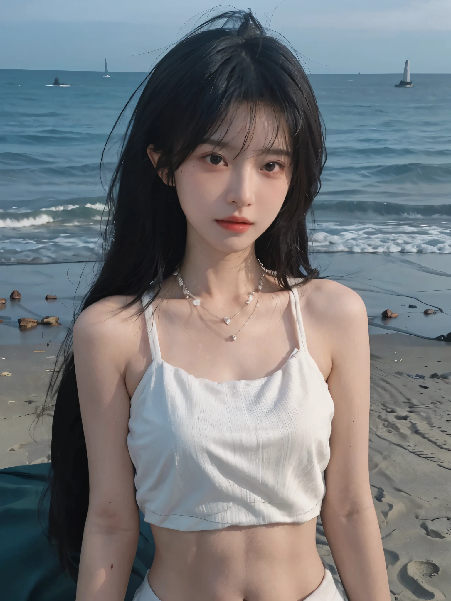 Best quality,Ultra-high resolution,(lifelike:1.4),Cute hairpin,1girll,Long curly hair,jk,Blush,Slim beauty:1.4,Visible abdominal muscles,on the beach,Ultra-fine face,Exquisite eyes,Double eyelids,necklace