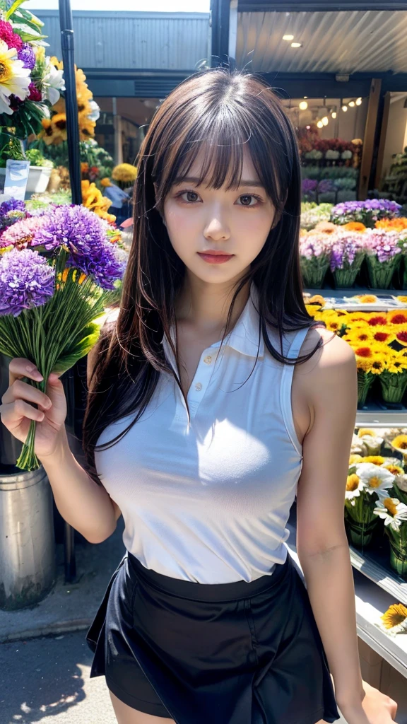 (masterpiece:1.3, top-quality, ultra high res, ultra detailed), (realistic, photorealistic:1.2), beautiful illustration, perfect lighting, natural lighting, colorful, depth of fields, , 
beautiful detailed hair, beautiful detailed face, beautiful detailed eyes, beautiful clavicle, beautiful body, beautiful chest, beautiful thigh, beautiful legs, beautiful fingers, shiny skin, 
looking at viewer, 1 girl, japanese, 22 years old, (perfect anatomy, anatomically correct, super detailed skin), cute and symmetrical face, face, perfect face, perfect eyes, perfect fingers,
(middle hair, straight hair, hair slicked back:1.6, blue hair), parted bangs, dark purple eyes, big eyes, drooping eyes, long eyelashes, faint lips, (large breasts, seductive thighs), outstanding style, 
(detailed cloth texture, break, sleeveless collared polo shirt, tight skirt, black apron), break, 
(beautiful scenery), ((behind flower shop:1.5)), standing, ((hold a big bouquet:1.2)), (parted lips), 