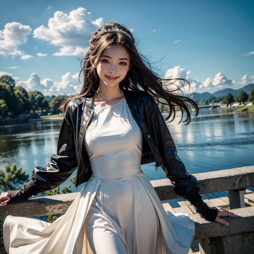 ((masterpiece,highest quality)),One girl,alone, (((Yor Forger))), alone, dress, View Viewer, Long sleeve, Are standing, white dress, gloves,hair ornaments, Black jacket, smile, Floating Hair, Dutch Angle, Mouth closed, avert your eyes, (Center Parks),Cloudy, blue sky, warm color,