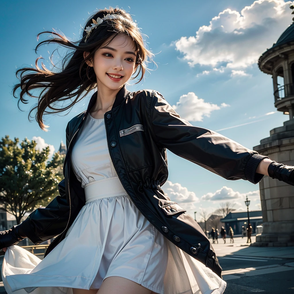 ((masterpiece,highest quality)),One girl,alone, (((Yor Forger))), alone, dress, View Viewer, Long sleeve, Are standing, white dress, gloves,hair ornaments, Black jacket, smile, Floating Hair, Dutch Angle, Mouth closed, avert your eyes, (Center Parks),Cloudy, blue sky, warm color,