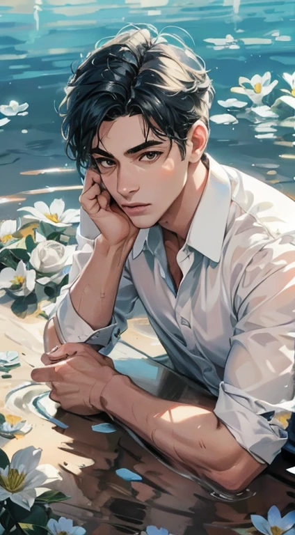1, masculino, man, muchacho, adolescente, joven, physically based representation, Pro Lighting, Detalle extremo, Camisa blanca, ramo, pendientes cruzados, acostado en el agua, Alto brillo, refrescante, Luz suave, ((soltero))), (solamente), acostado, Wet, Camisa transparente
