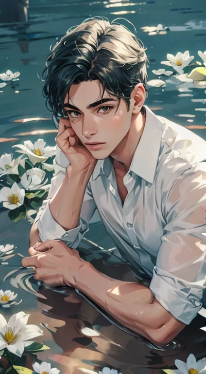 1, masculino, man, muchacho, adolescente, joven, physically based representation, Pro Lighting, Detalle extremo, Camisa blanca, ramo, pendientes cruzados, acostado en el agua, Alto brillo, refrescante, Luz suave, ((soltero))), (solamente), acostado, Wet, Camisa transparente