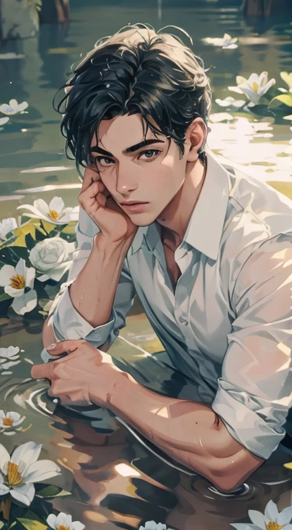 1, masculino, man, muchacho, adolescente, joven, physically based representation, Pro Lighting, Detalle extremo, Camisa blanca, ramo, pendientes cruzados, acostado en el agua, Alto brillo, refrescante, Luz suave, ((soltero))), (solamente), acostado, Wet, Camisa transparente
