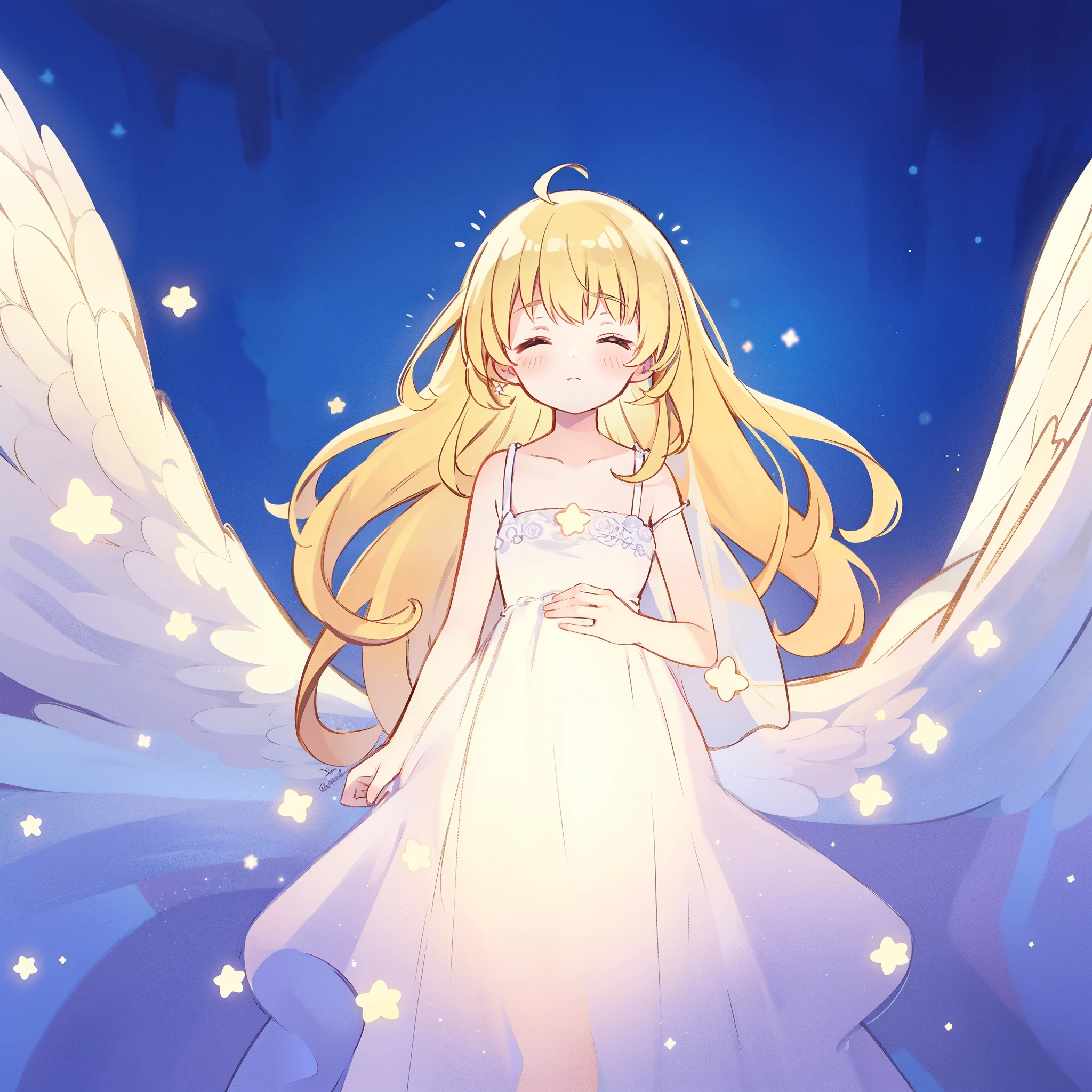 cute style, wishing star background, angel girl wearing an ethereal translucent dress that reflects the stars, magical, whimsical, fantasia, dreamy, serene composition, masterpiece, best quality, perfection, complex drawing, highly detailed, ethereal, starry night, midjourney style