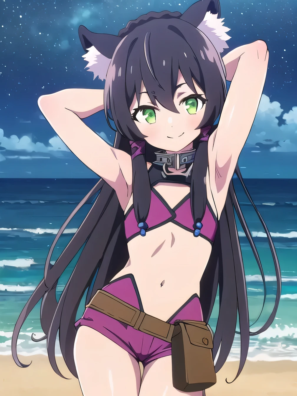 ,rem 1girl, solo, long hair, looking at viewer, bangs, shorts, black hair, navel, animal ears, hair between eyes, very long hair, sleeveless, closed mouth, green eyes, braid, sidelocks, masterpiece, best quality, ultra-high-detailed , black hair, green eyes, rem, small breast, looking to viewer, deep eyes, showing armpit, looking at viewer, solo, contrapposto, spread armpit, arms behind head, smile, looking at viewer, (cowboy shot:1.5), closed mouth, night sky, beach, best quality,