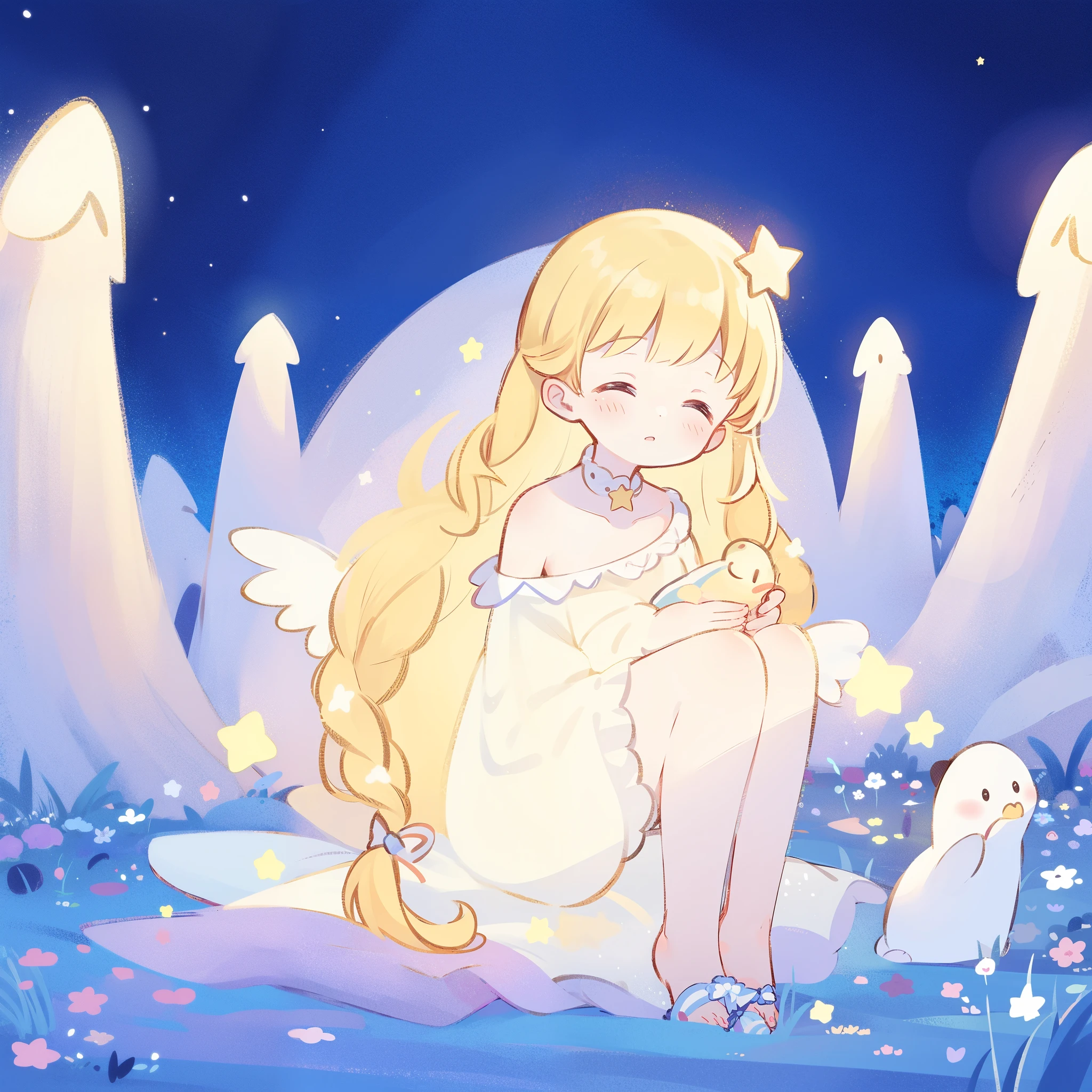 cute style, wishing star background, angel girl wearing an ethereal translucent dress that reflects the stars, magical, whimsical, fantasia, dreamy, serene composition, masterpiece, best quality, perfection, complex drawing, highly detailed, ethereal, starry night, midjourney style