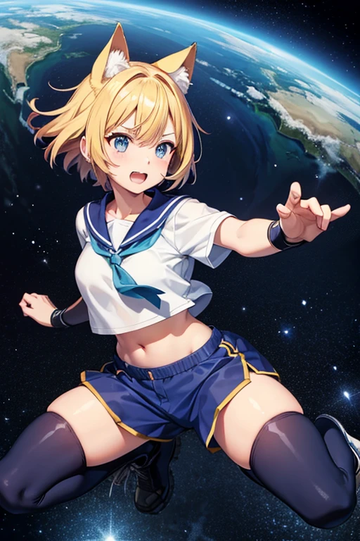 Anime drawings、Full body portrait、Space SF fighter、A woman with cat ears, around 155cm tall, around 16 years old, wearing a sailor uniform and blue shorts, is attacking with a clenched fist、Laughing with mouth open、The hairstyle is short、Blonde Hair、Martial Arts Gloves、sports boots、Blue socks、He wears a blue bandana around his head、Cat-like eyes、navel