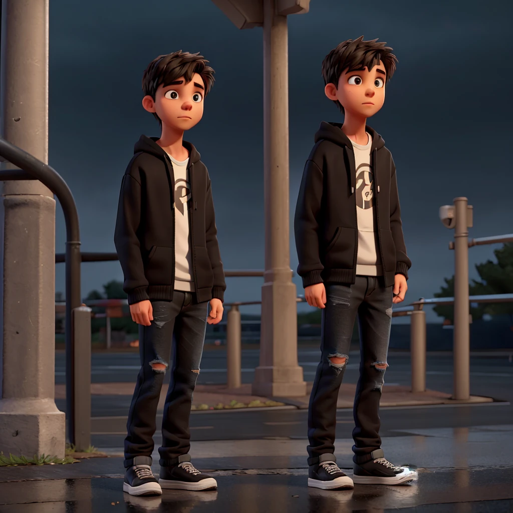A scene describing a young man with a hood, Wearing black sweatshirt and jeans, Standing on the sidewalk on a rainy night. He&#39;s looking at a shiny GTR R35 car driving by on the road., Your admiration shows in your eyes. The light from your headlights reflects on the puddles around you, When the rain falls gently on him. The sound of powerful engines echoed in the air, Mixed with the sound of rain. The boy remained motionless, Attracted by the elegance and speed of cars, Dream of the day you get to drive such an impressive machine.