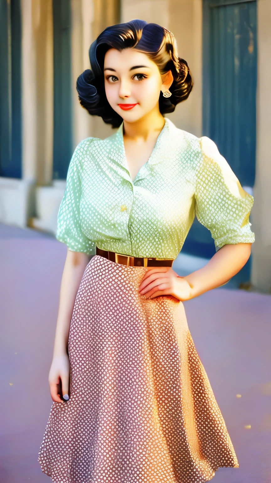 a woman in a polka dot shirt and a skirt posing for a picture, a portrait by Edward Avedisian, flickr, renaissance, wide skirts, retro and ethereal, 5 0 s style, 50s style, cream colored blouse, midi skirt, pinup style, retro 5 0 s style, retro style ”, 1 9 5 0 s style, vintage clothing