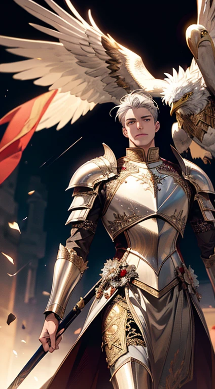 A man, silver hair, gold Eagle knight, fine armor, intricate design, red details, silk, cinematic lighting, 4k, floating hair, sharp, prism, shining knight