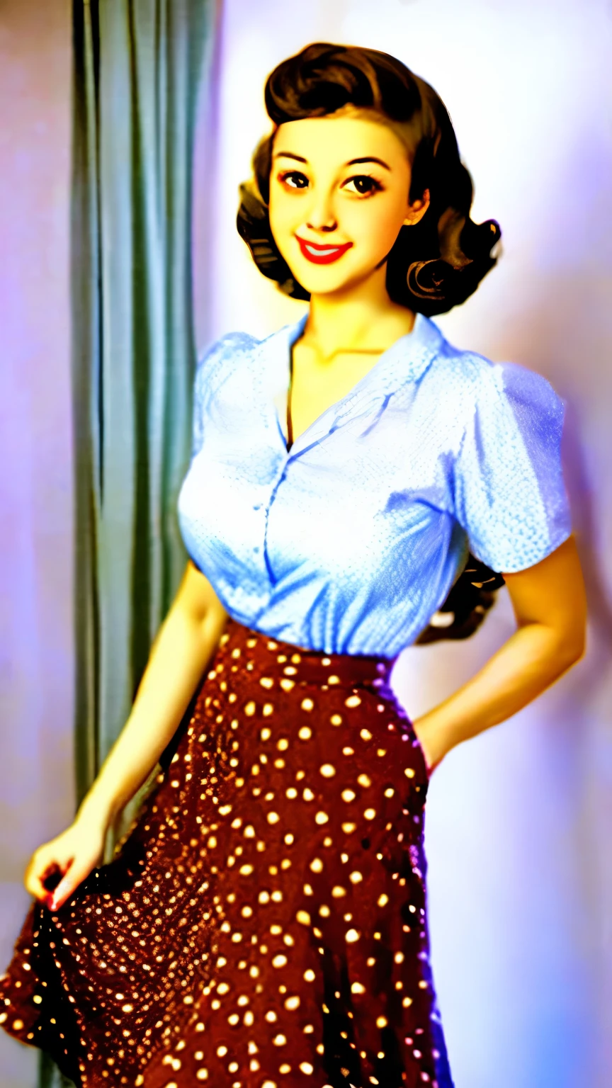 a woman in a polka dot shirt and a skirt posing for a picture, a portrait by Edward Avedisian, flickr, renaissance, wide skirts, retro and ethereal, 5 0 s style, 50s style, cream colored blouse, midi skirt, pinup style, retro 5 0 s style, retro style ”, 1 9 5 0 s style, vintage clothing