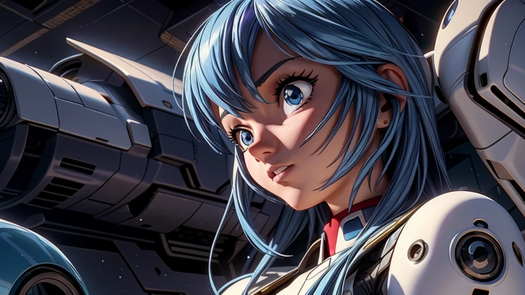 a girl with long blue hair, beautiful detailed eyes, beautiful detailed lips, extremely detailed face, longeyelashes, wearing a school uniform, fighting against an angel, 1girl, digital painting, illustration, hyperdetailed, cinematic lighting, dramatic pose, dynamic action, mecha, sci-fi, futuristic, highly detailed, intricate, cinematic composition, vivid colors, dramatic lighting, masterpiece,best quality,4k,8k,highres,ultra-detailed,realistic,photorealistic