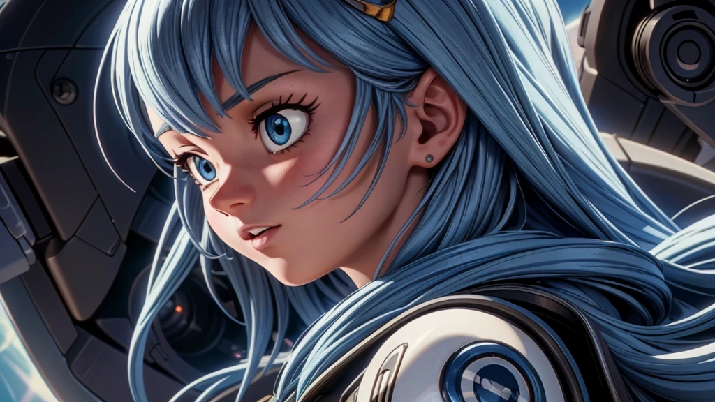 a girl with long blue hair, beautiful detailed eyes, beautiful detailed lips, extremely detailed face, longeyelashes, wearing a school uniform, fighting against an angel, 1girl, digital painting, illustration, hyperdetailed, cinematic lighting, dramatic pose, dynamic action, mecha, sci-fi, futuristic, highly detailed, intricate, cinematic composition, vivid colors, dramatic lighting, masterpiece,best quality,4k,8k,highres,ultra-detailed,realistic,photorealistic