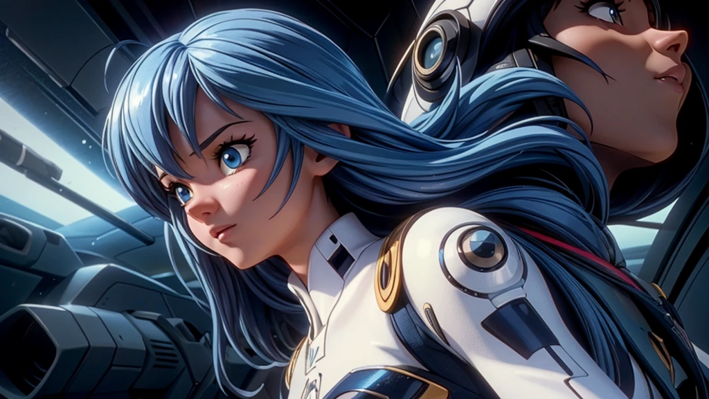 a girl with long blue hair, beautiful detailed eyes, beautiful detailed lips, extremely detailed face, longeyelashes, wearing a school uniform, fighting against an angel, 1girl, digital painting, illustration, hyperdetailed, cinematic lighting, dramatic pose, dynamic action, mecha, sci-fi, futuristic, highly detailed, intricate, cinematic composition, vivid colors, dramatic lighting, masterpiece,best quality,4k,8k,highres,ultra-detailed,realistic,photorealistic