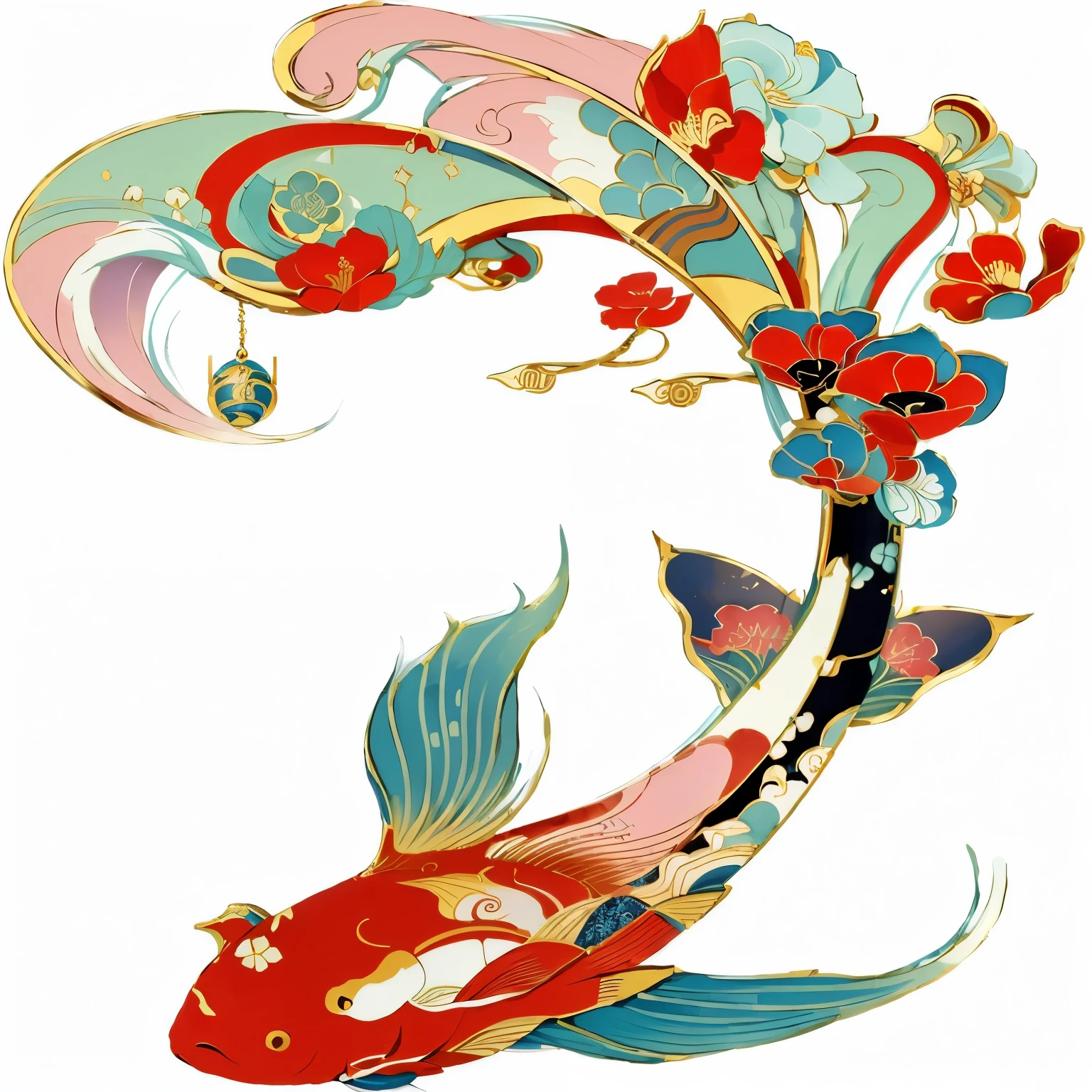 Close up of a fish with a flower on its head, Oriental Art Nouveau, Inspired by Kano Motonobu, author：Kano&#39;s Travels, ( ( ( koi colors ) ) ), Japanese art style, Inspired by Shoun Yamamoto, Inspired by Utagawa Yoshitaki, Colorful Art Nouveau, koi colors