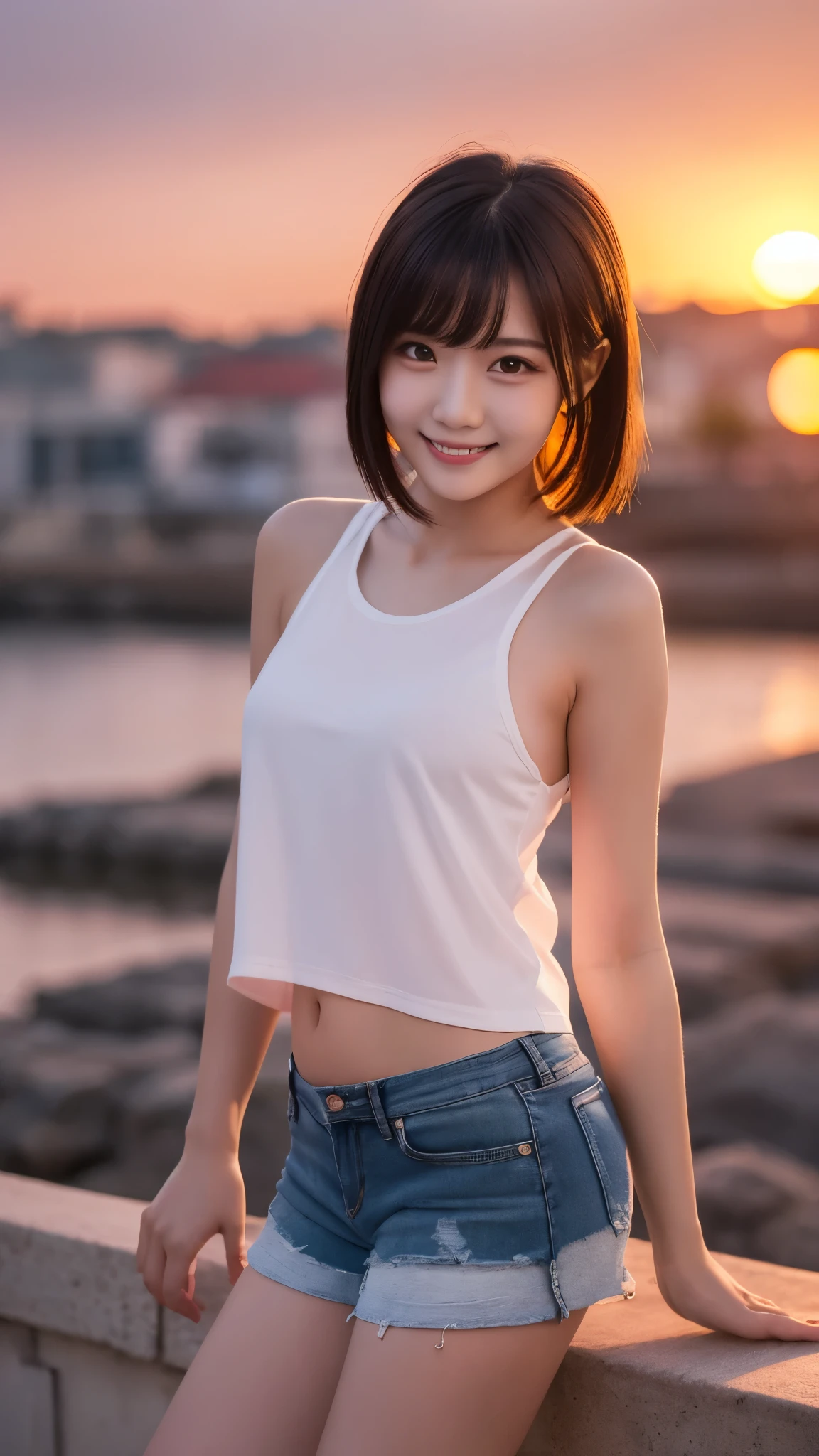 One girl, Photo Model, smile, Focus on your audience, Beautiful lighting, highest quality, masterpiece, Ultra-high resolution, Realistic, Black Hair, Short tank top, Shorts, Long Stockings, Medium chest, White skin,( Sunset background:1.4)