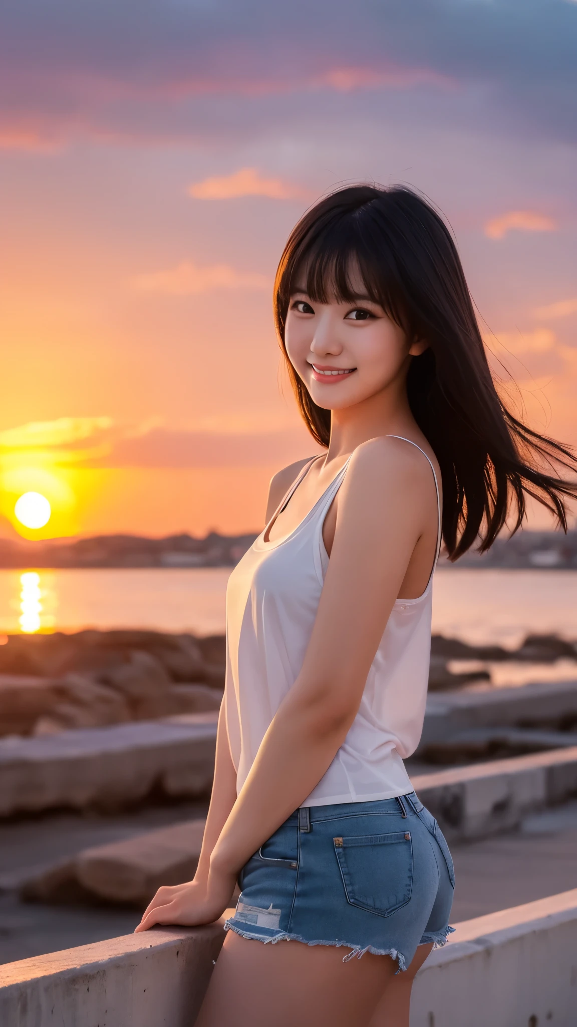 One girl, Photo Model, smile, Focus on your audience, Beautiful lighting, highest quality, masterpiece, Ultra-high resolution, Realistic, Black Hair, Short tank top, Shorts, Long Stockings, Medium chest, White skin,( Sunset background:1.4)