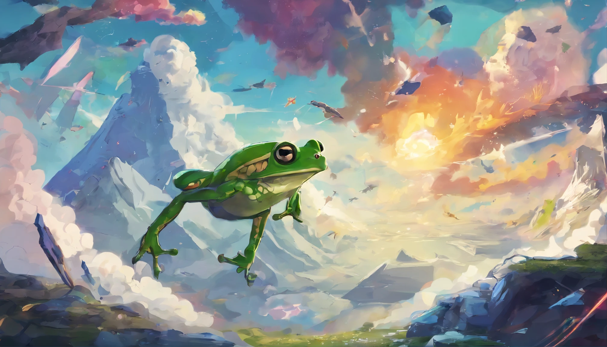 Spiral composition, Left and right composition, The Rule of Thirds, mountain peak, Large area of sky, frog, The frog came flying from the sky, Frog surrounded by abstract clouds, Surrealism, Futurism, Abstract expressionism, rotated, Ultra-Wide Angle, Sony FE GM, UHD, 4K --niji 5