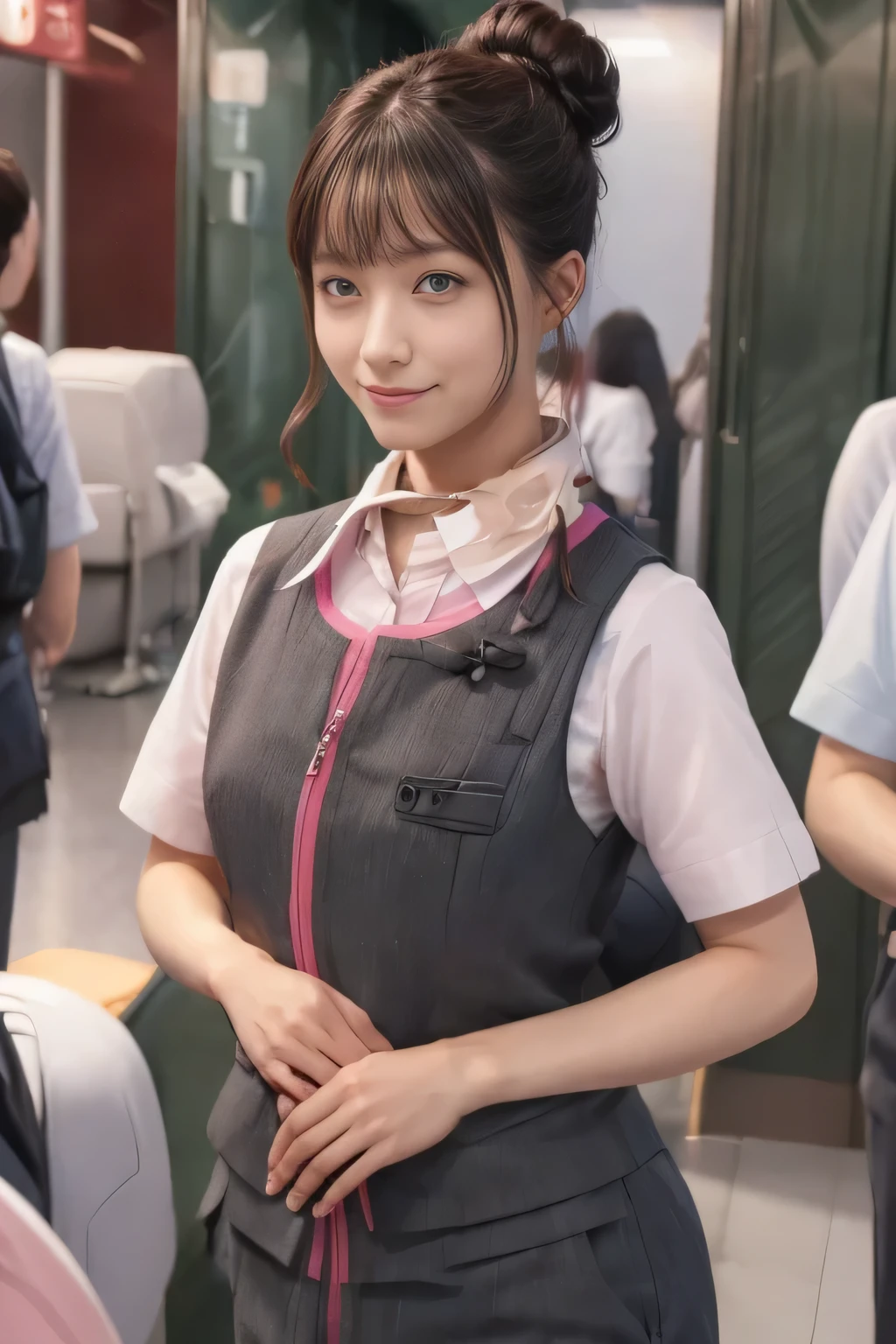 (masterpiece:1.2, highest quality:1.2), 32K HDR, High resolution, (alone、1 girl)、（Take the Shinkansen、Professional Lighting）、Background in the car、（Realistic style of JR Gran Class crew wearing uniform）、Short sleeve blouse、Scarf around the neck、（JR Gran Class flight attendant uniform with pink parts on the skirt sleeves）、（JR Gran Class flight attendant uniform with pink line on front zipper of vest）、Dark brown hair、（Hair tied up、Hair Bun、Hair Bun）、Dark brown hair、Long Shot、Big Breasts、（（Great hands：2.0）），（（Harmonious body proportions：1.5）），（（Normal limbs：2.0）），（（Normal finger：2.0）），（（Delicate eyes：2.0）），（（Normal eyes：2.0））)、Luxury Necklace、Captivating look、Beautiful standing posture,Place your hands around your stomach