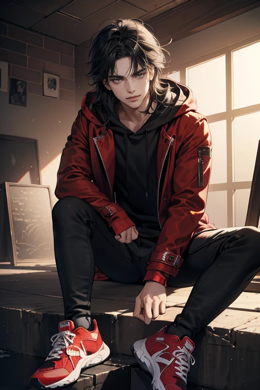 (tmasterpiece, high resolution, ultra - detailed:1.0), (1 male), Eyes looking at the camera, Perfect male body, Delicate eyes and delicate face, Extremely detailed CG, 8K wallpaper, Complicated details, solo person, Detailed face,(Red jacket, Black hoodie, wind coat, long black jeans, Red sneakers, Evil smile, Straight black hair, Messy hair, jail cell, underground room), color difference, Depth of field, dramatic shadow, Ray tracing, Best quality, Cinematic lighting, offcial art, Portrait