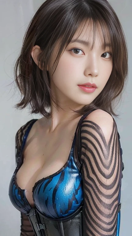 highest quality, shape, Very detailed, finely, High resolution, 8k wallpaper, 完璧なダイナミックな構shape, 美しくてBeautiful Eyes,Short Bob Hair、Big Breasts、Natural color lip, Bold sexy pose、smile、Adult female 30 years old、美shape、ear piercing,Adult sex appeal、Subject posing sexy for the camera,Sculpture model pose,((リアルなillumination, highest quality, 8k, masterpiece: 1.3)), Clear focus: 1.2, 1 girl, Perfect body beauty: 1.4, Slim Abs: 1.1, ((Dark brown wavy hair, Hair inner color blue,Hair blown by the wind and messy,Big Breasts: 1.3)), (Finished with body paint,Transparent corset with transparent dark silver zebra print: 1.4), (Black background, illumination: 1.1),Body Paint Dresses, whole body, Long legs, Very detailedな顔, Beautiful Eyes, double eyelid,"Please randomly select one of the following camera angles:: Back view, whole bodyショット, Front view, Or a low angle shot."