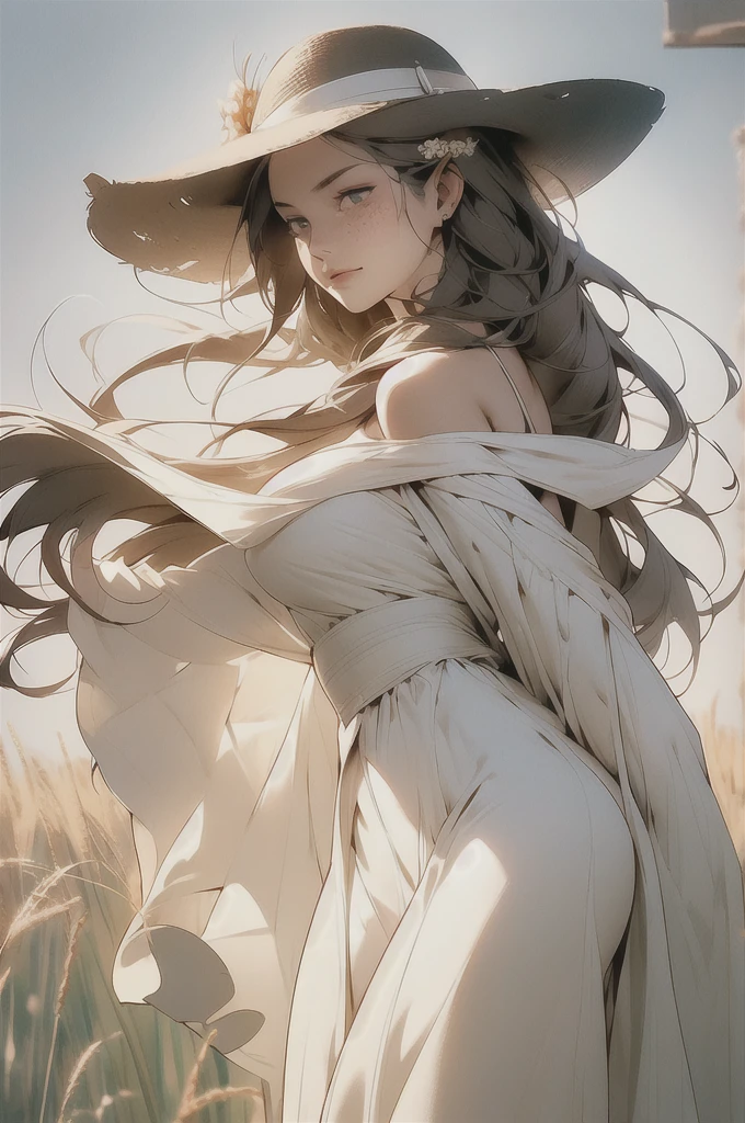 [full:upper:6] body photo of an attractive 30 year old beautiful woman wearing casual sundress and a sun hat standing in wheat fields holding one hand in the air, solo, [caucasian|swedish|italian], messy long [white|blonde] hair, slim body, large green eyes, luscious lips, freckles, looking at the camera, detailed face, detailed eyes, detailed clothes, rural area background, in front of a village, dust, dusty and dirty environment, drought, heatwave, sun rays, midday, summer, heat distorted air, heat distortion, soft lighting, cinematic lighting, backlight, desaturated, refracted sunlight, medium depth of field, high quality, ultradetailed, sharp focus, dslr, uhd, hdr, 8k, intricate details, hyperdetailed, f/5.6, absurdres, professional, photorealistic, photo-realistic, realism, hyperrealism, art photography, analog, award winning masterpiece, vintage, dynamic composition