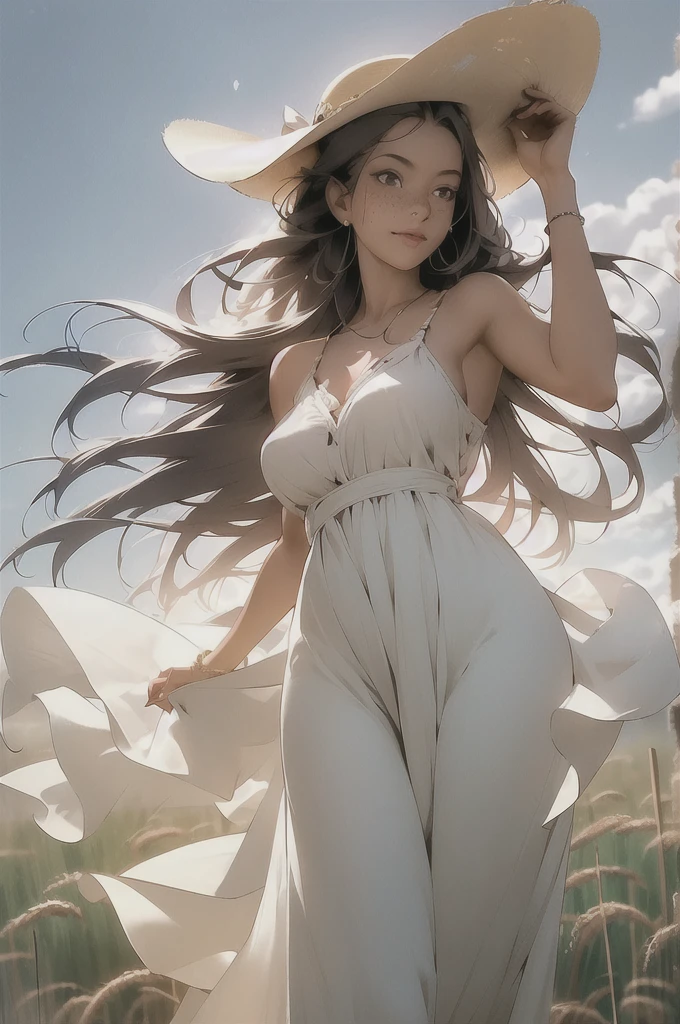 [full:upper:6] body photo of an attractive 30 year old beautiful woman wearing casual sundress and a sun hat standing in wheat fields holding one hand in the air, solo, [caucasian|swedish|italian], messy long [white|blonde] hair, slim body, large green eyes, luscious lips, freckles, looking at the camera, detailed face, detailed eyes, detailed clothes, rural area background, in front of a village, dust, dusty and dirty environment, drought, heatwave, sun rays, midday, summer, heat distorted air, heat distortion, soft lighting, cinematic lighting, backlight, desaturated, refracted sunlight, medium depth of field, high quality, ultradetailed, sharp focus, dslr, uhd, hdr, 8k, intricate details, hyperdetailed, f/5.6, absurdres, professional, photorealistic, photo-realistic, realism, hyperrealism, art photography, analog, award winning masterpiece, vintage, dynamic composition