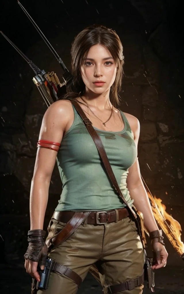 Lara Croft, brown eyes, (best quality, ultra-detailed), (realistic:1.37), beautiful and detailed face, ultra-realistic texture, delicate face, delicate body, red lipstick, bright colors. High definition, 8K