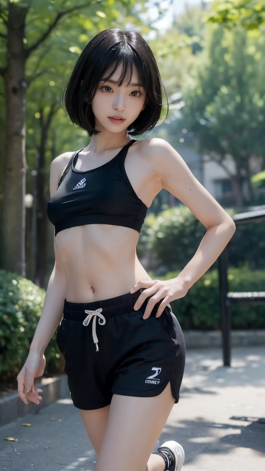 (Backwards:2.0, running:2.0), (Clothing:2.0, Long length white gym t-shirt with black borders:2.0, Black gym shorts:2.0, Knee-high socks:1.5, sneakers:1.5), (Outdoor playground:1.5), (Wet:1.5), ((A grin:1.2, Bobcut:1.2, slender:1.5, Small Ass:1.5)), ((Japanese, 1 Girl, 18-year-old, 7 heads, Ideal body proportions, Black Hair, With bangs, Small breasts, Erect nipples, slender, Small Ass, Beautiful feet, Skinny Legs)), Surrealism, Cinematic Lighting, Depth of written boundary, First Person View, Boobs F/1.8, 135mm, Ticker, Mastepiece, Curate, ((Anatomically correct:1.3)), Textured skin, Super Detail, High detail, High quality, Awards, Best Quality, High resolution, 8K